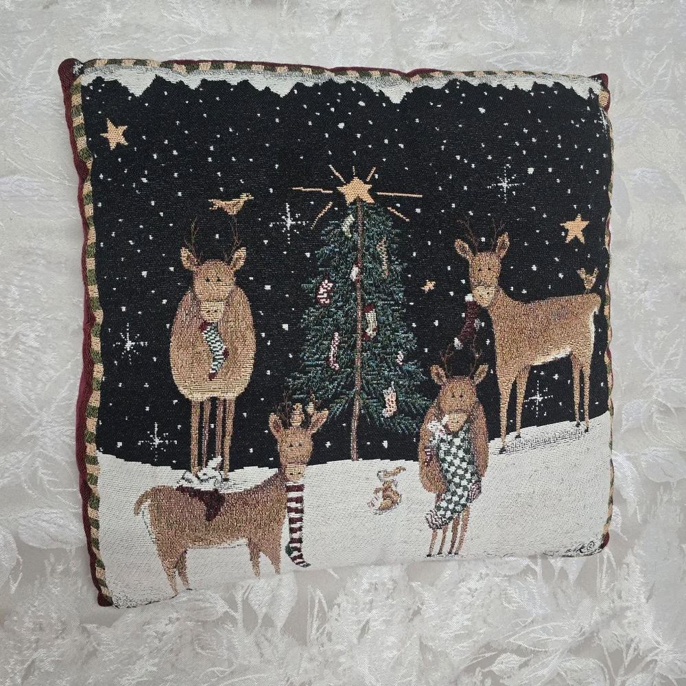 Vintage Christmas Tapestry Pillow Valerie Evers Wenk Reindeer 16x16 Embroidered